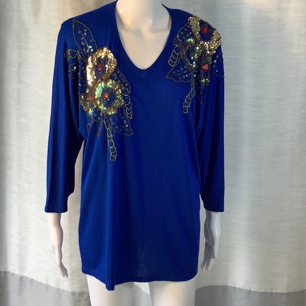 Vintage Christine Gerard Royal Blue Sequin Jewel Embellished Tunic Top Sz S